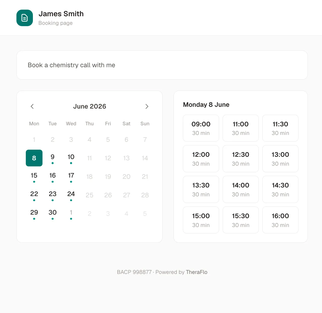 TheraFlo public booking page showing a June calendar with available slots and a 30-minute chemistry-call selector