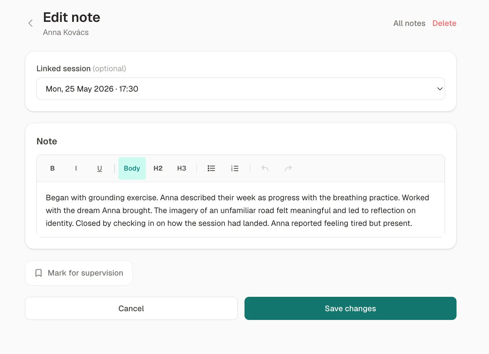 The TheraFlo session note editor, with formatting tools, a linked session and a mark-for-supervision button
