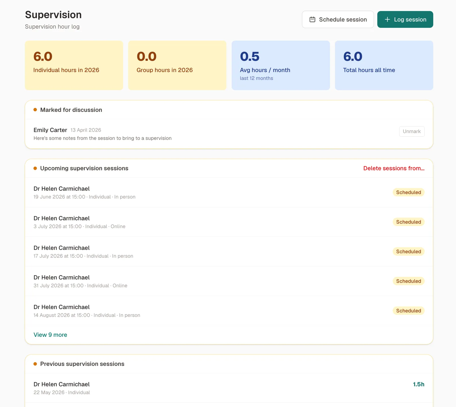 TheraFlo Supervision page showing the hour log, a 'Marked for discussion' panel linking a client note into supervision, plus upcoming and previous supervision sessions